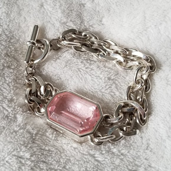 Monet Double Chain Link Bracelet Pink Rhinestone